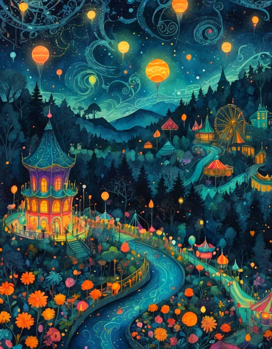 Night Amusement Park: Watercolor Abstract Fractal Illustrati...