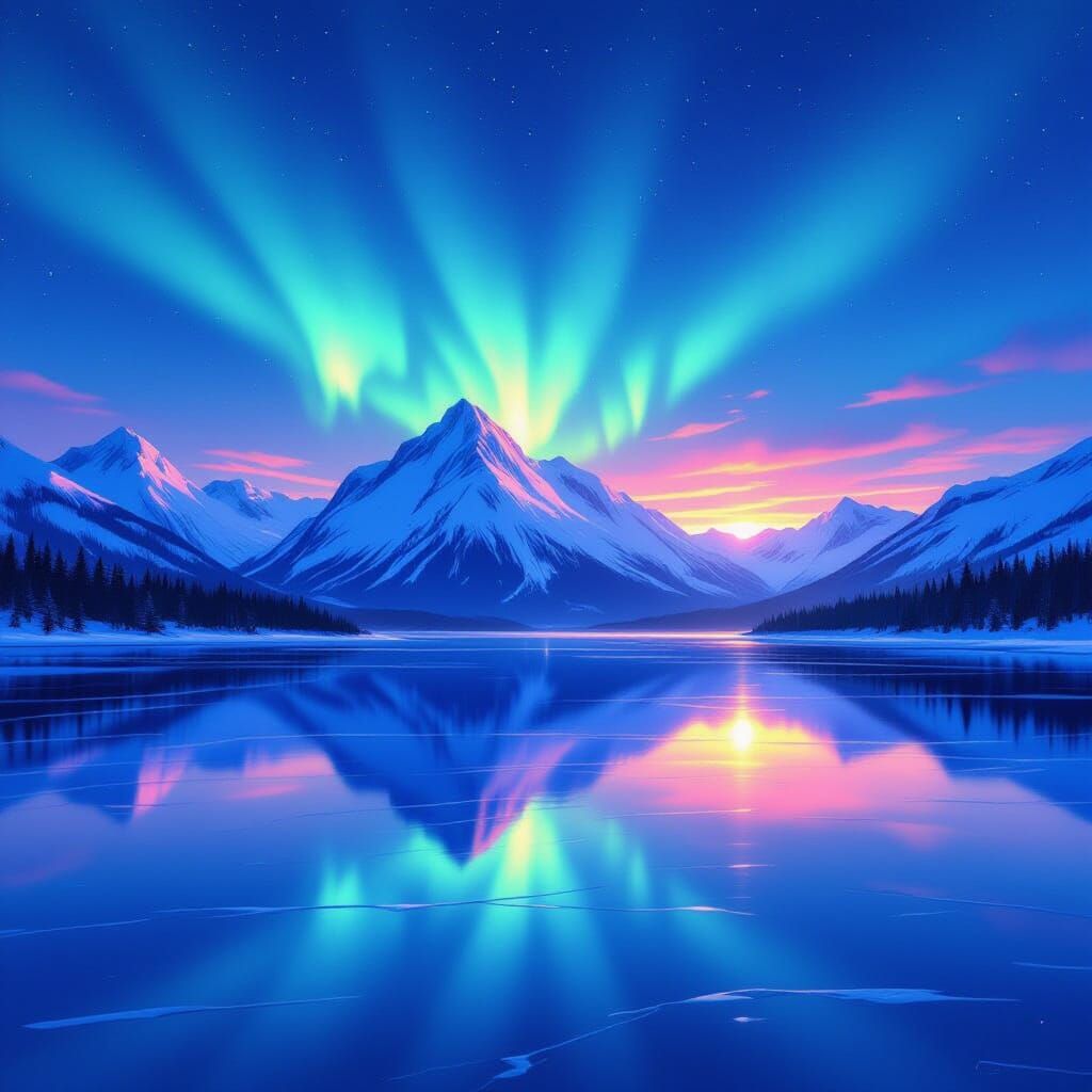 Aurora Borealis Reflecting on Mountain Lake, Hyperrealistic ...