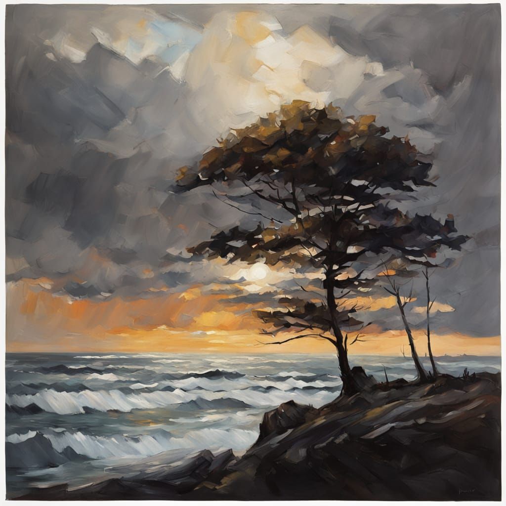 Dramatic Impressionist Seascape with Silhouetted Trees
