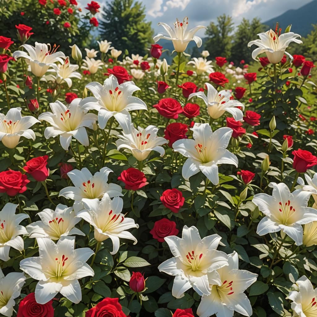 Calico Lily in a Rose Field with Divine Light
