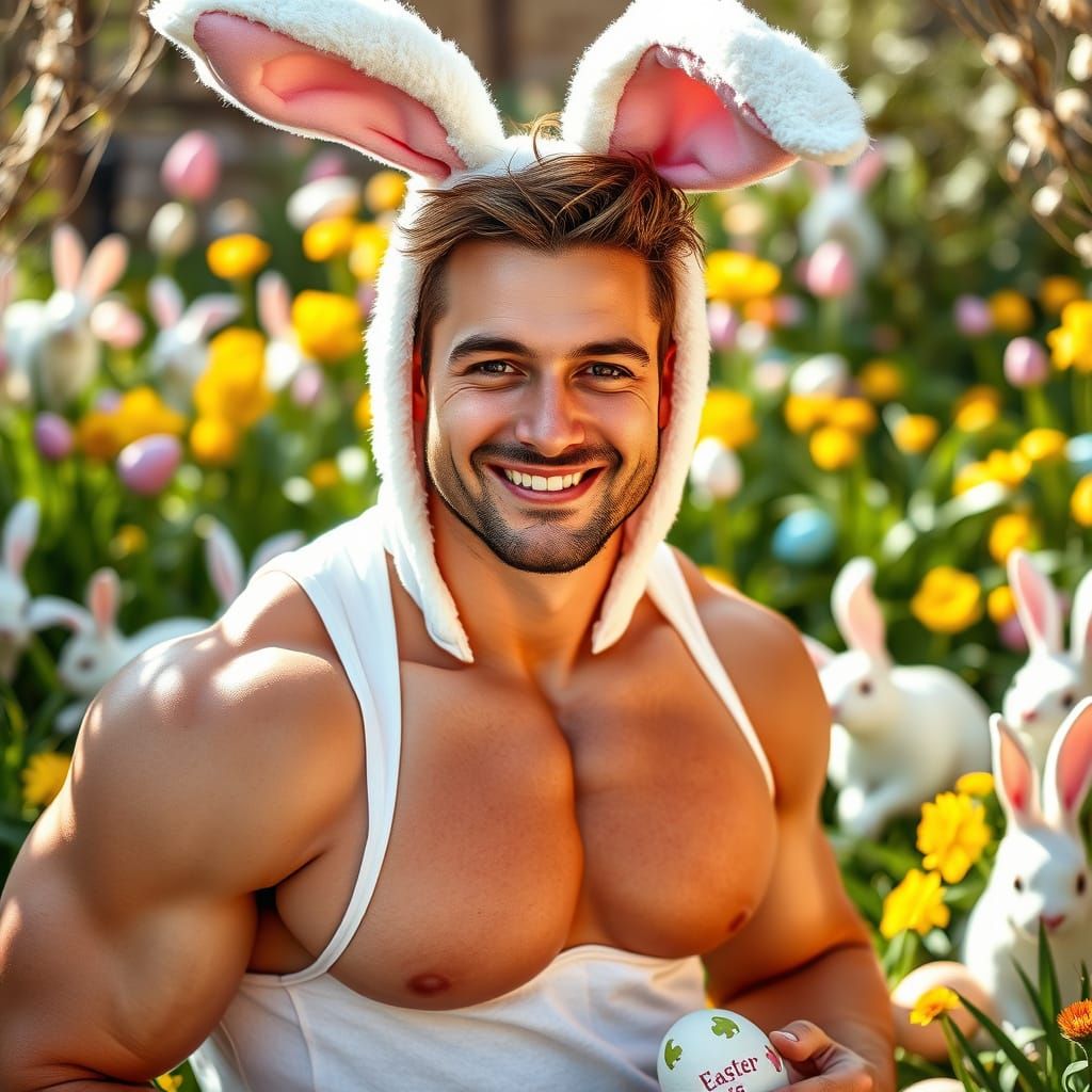 Handsome Man in Easter Bunny Costume in a Vibrant Garden
