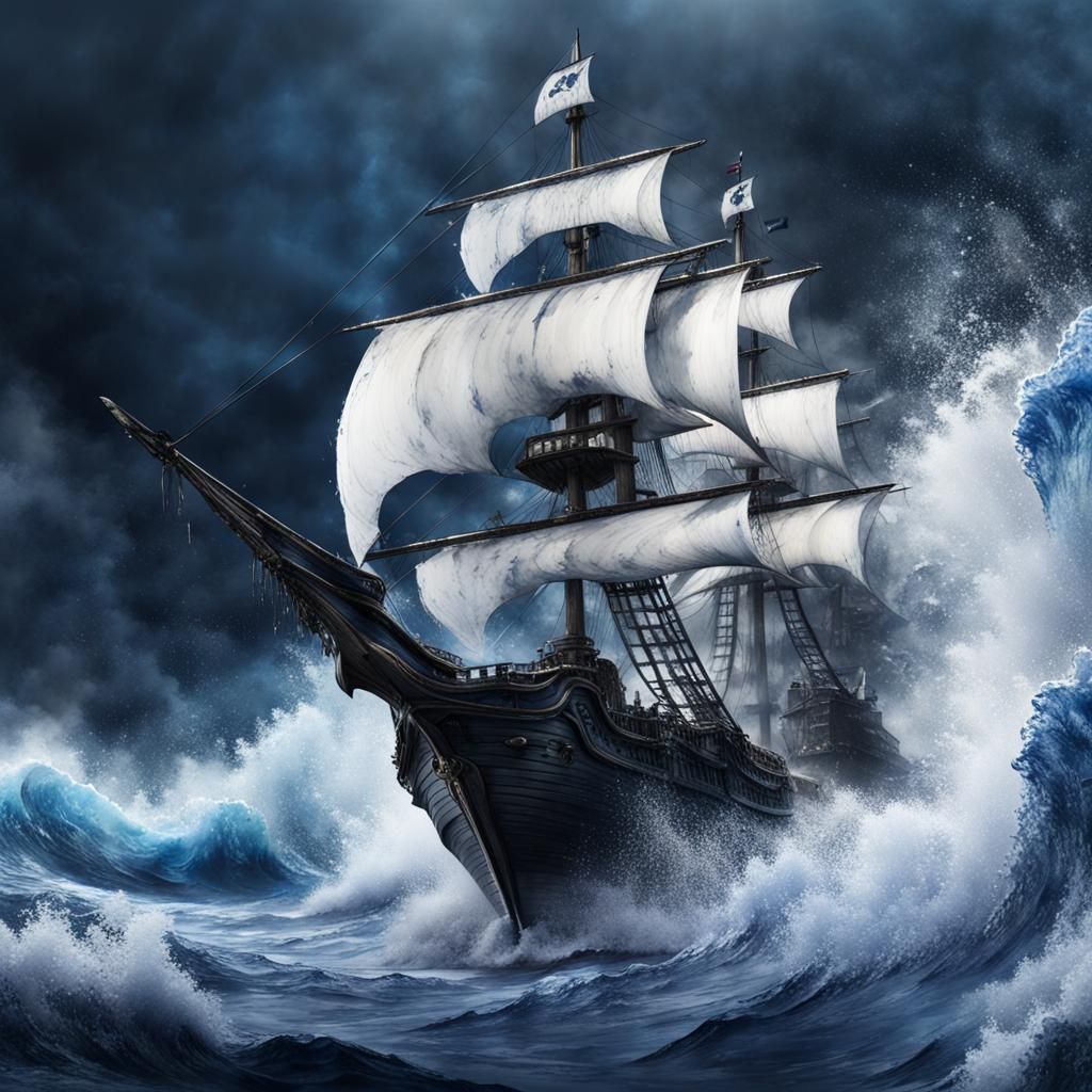 Pirate Ship in Big Wave Watercolor Painting