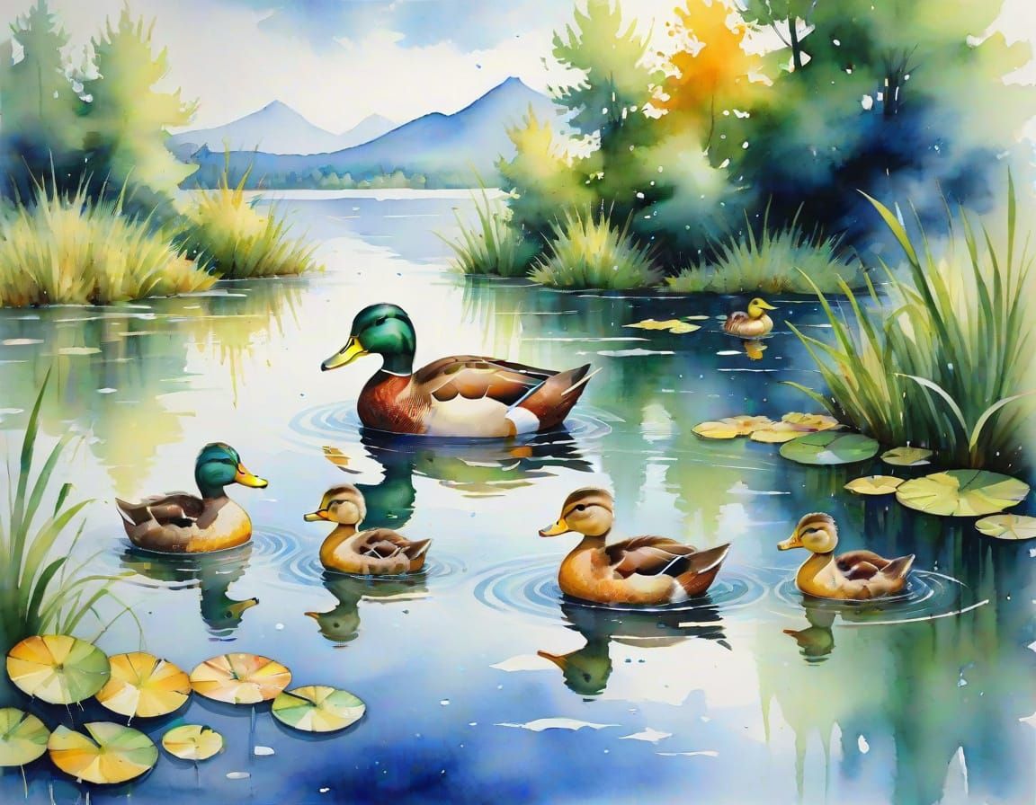 Watercolor Duck Family in a Serene Lake Scene