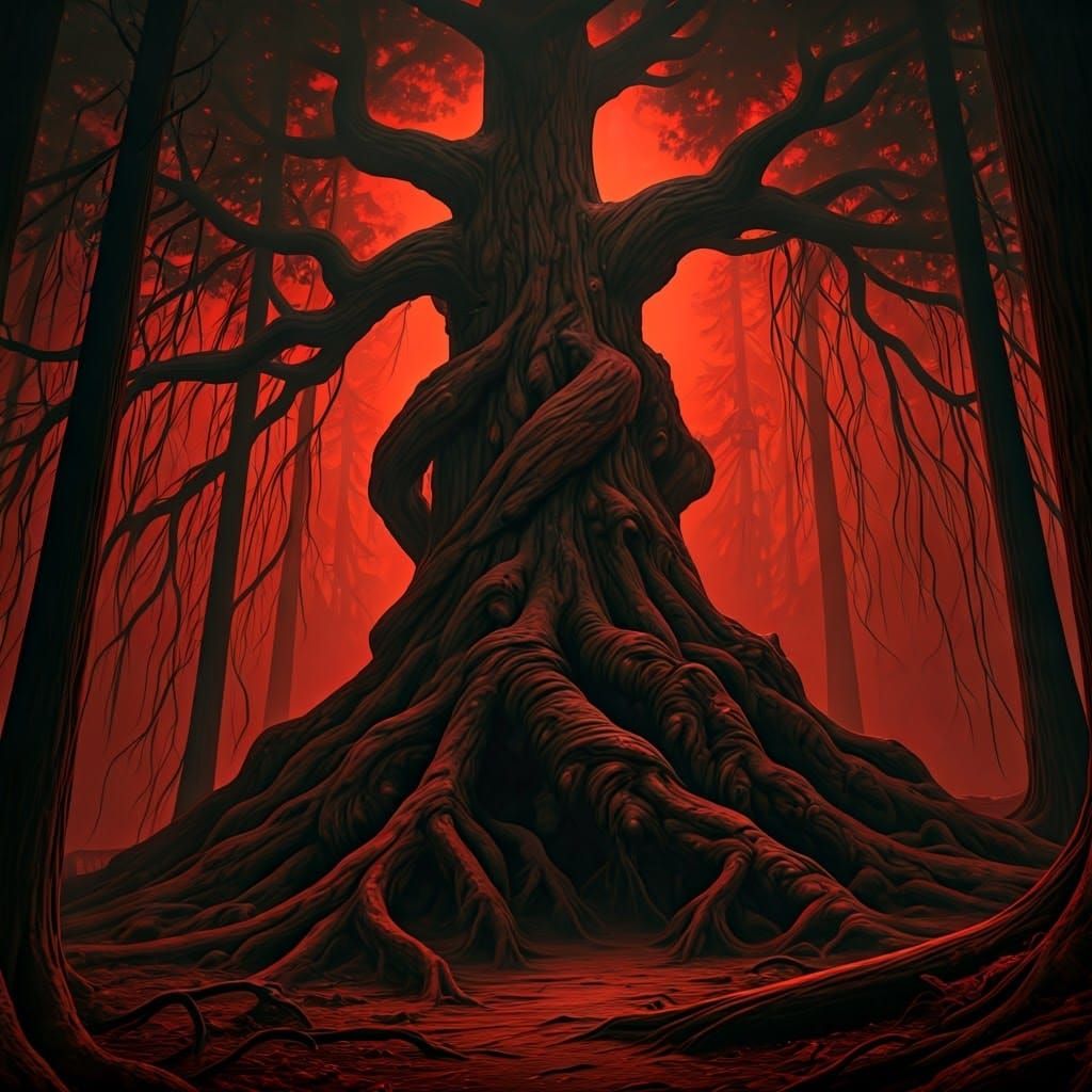 Eldritch Horror in Dark Forest as a Gnarled, Sentient Redwoo...