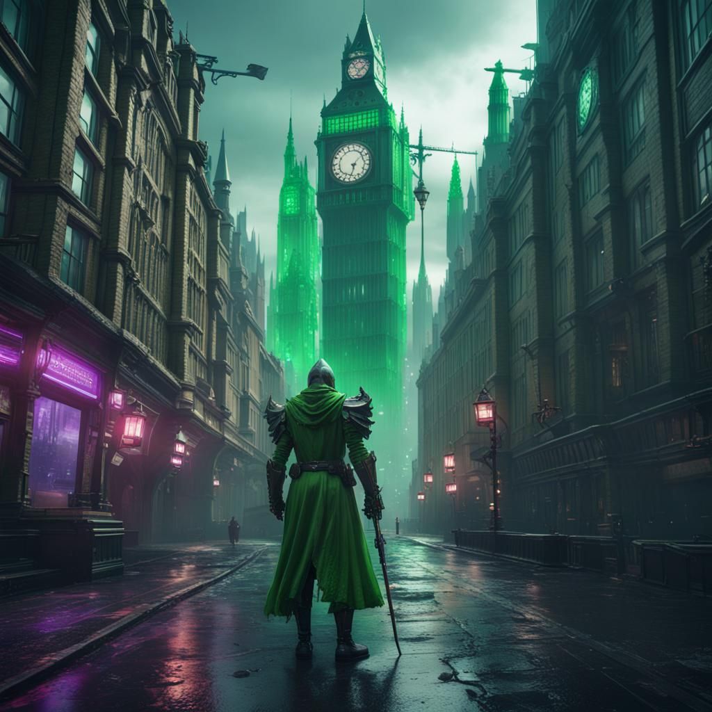 Cyberpunk Knight in Fantasy London: Detailed Matte Painting
