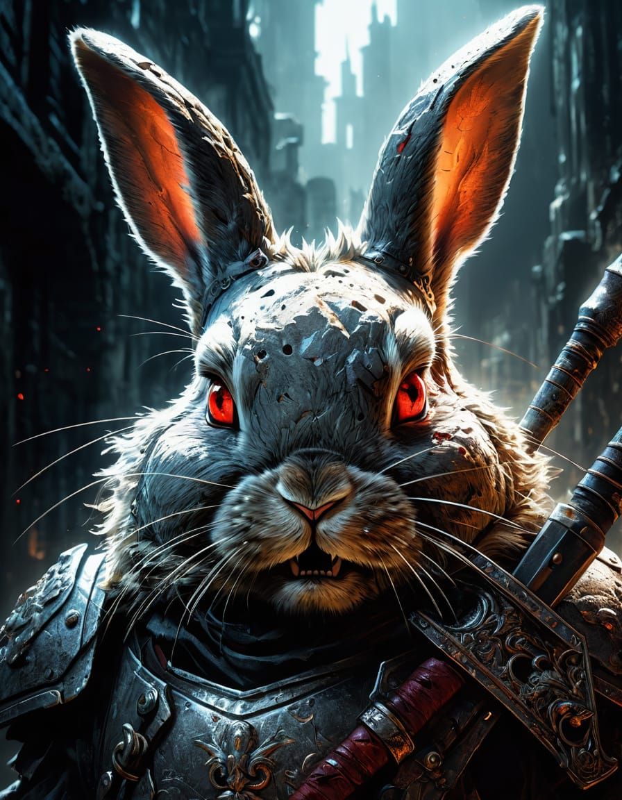 Eerie Bunny Rabbit Guards Treasure in Abstract Style