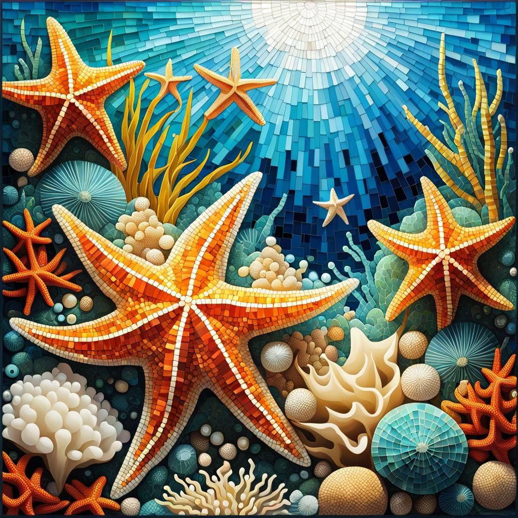 Starfish Mosaic Diorama in Cubist Art Deco Style