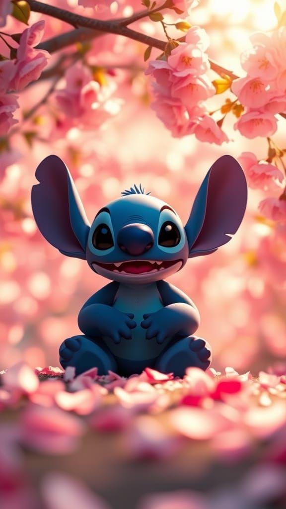 Disney's Stitch, sitting with a lush backdrop of soft pink cherry blossoms 🌸