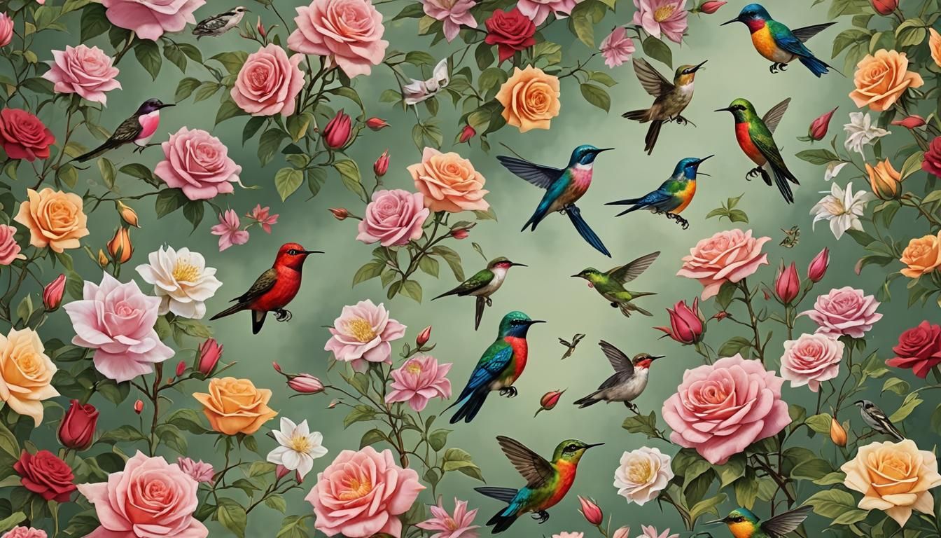 Vibrant Nature Scene with Songbirds and Roses