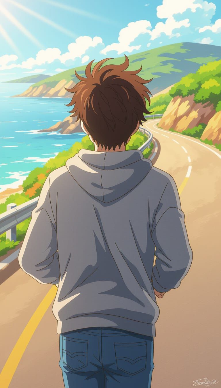 Young Man Runs Down Coastal Road in Anime Style