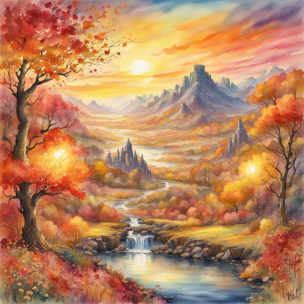 Fantasycore Autumn Sunset Watercolor Painting