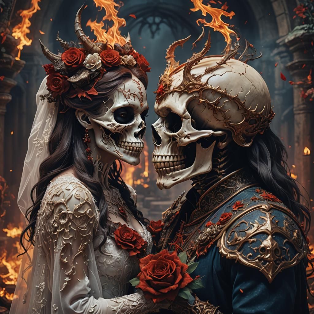 Burning Skull Ghost Couple's Wedding Kiss