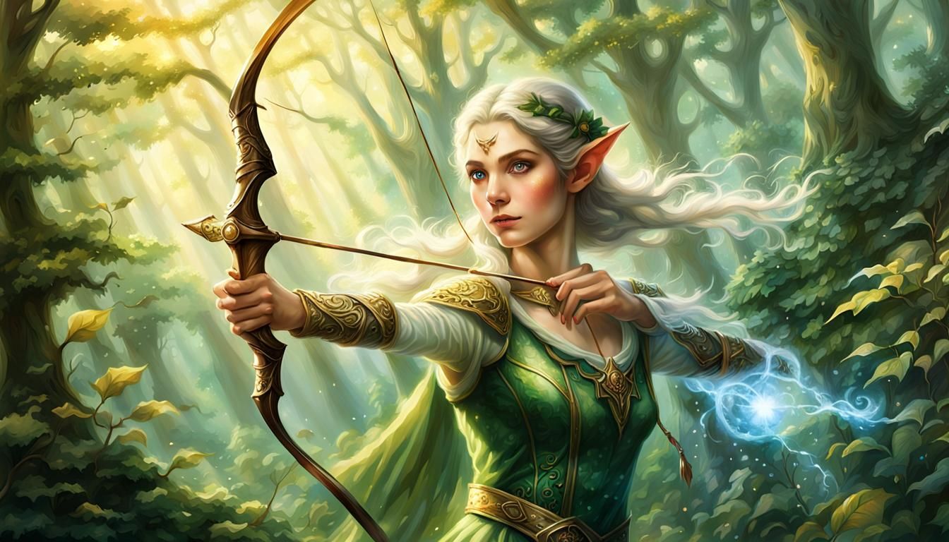 Ethereal Elf Archer in Forest, Fantasy Art