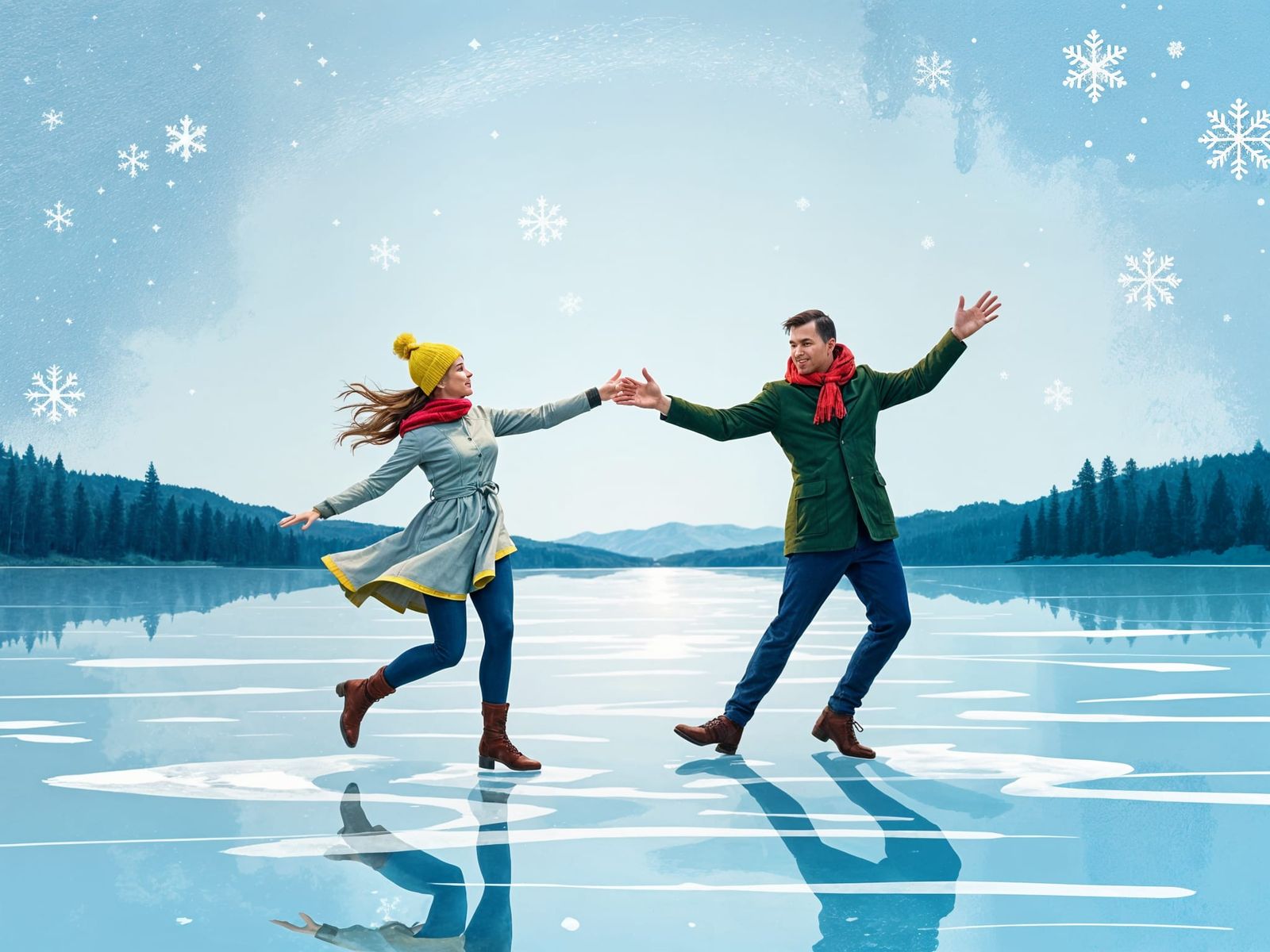Dancing Couple on Frozen Lake: Winter Illustration