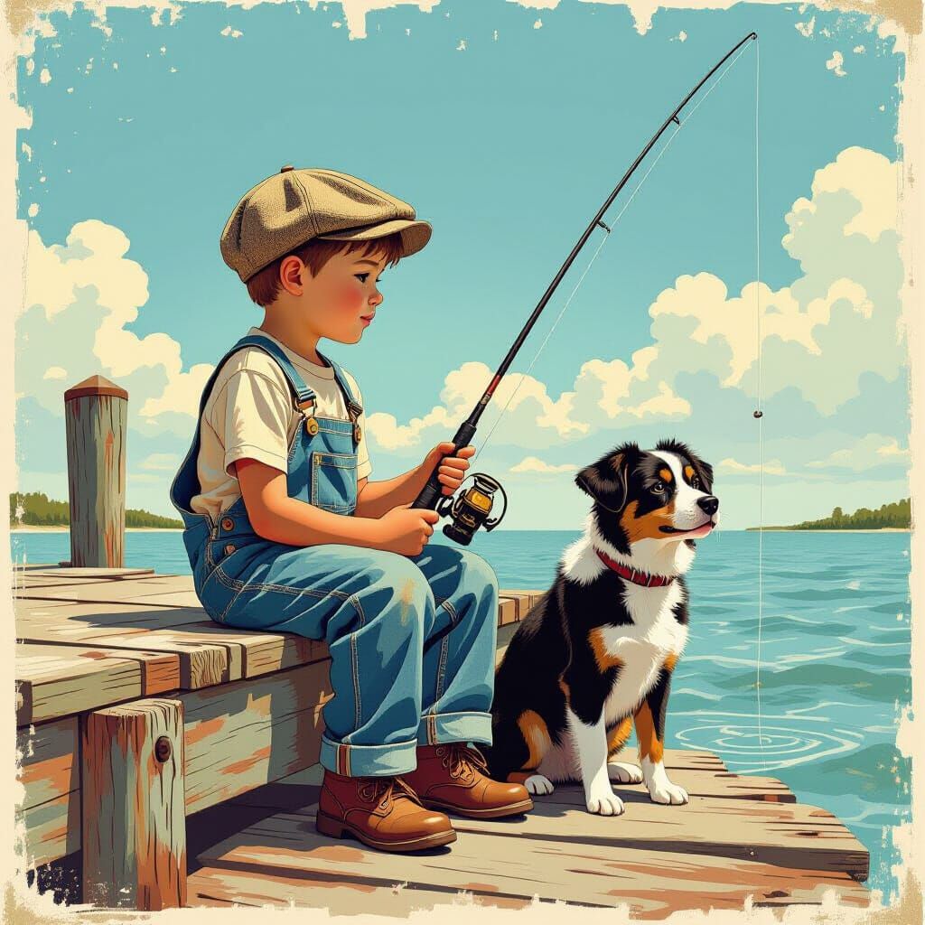 Boy Fishing with Dog: Comic Book Hyperrealism