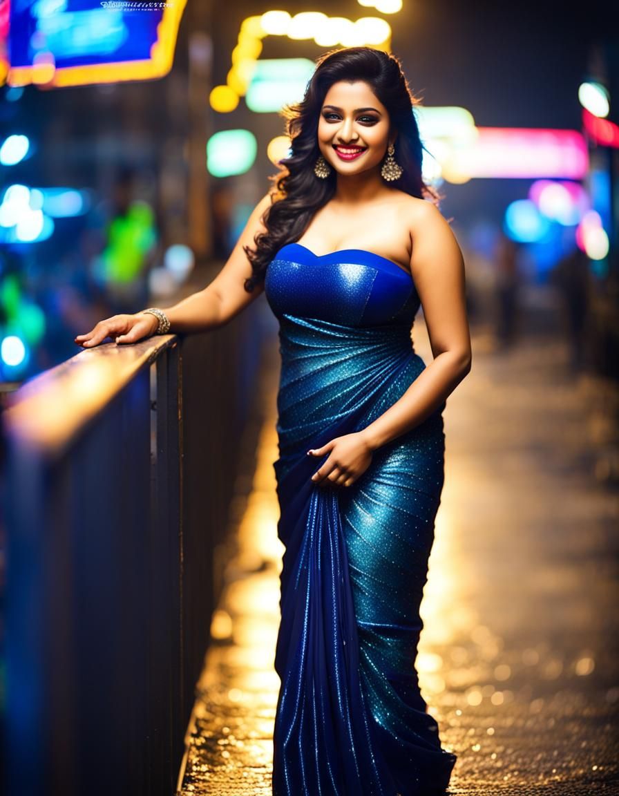 Woman in Glitter Saree in Neon Cityscape