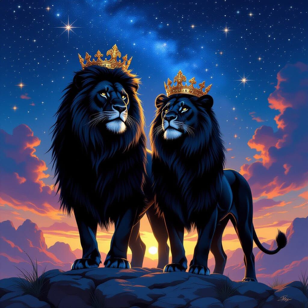 Regal Black Lions King and Queen Crowned Under Starry Sky