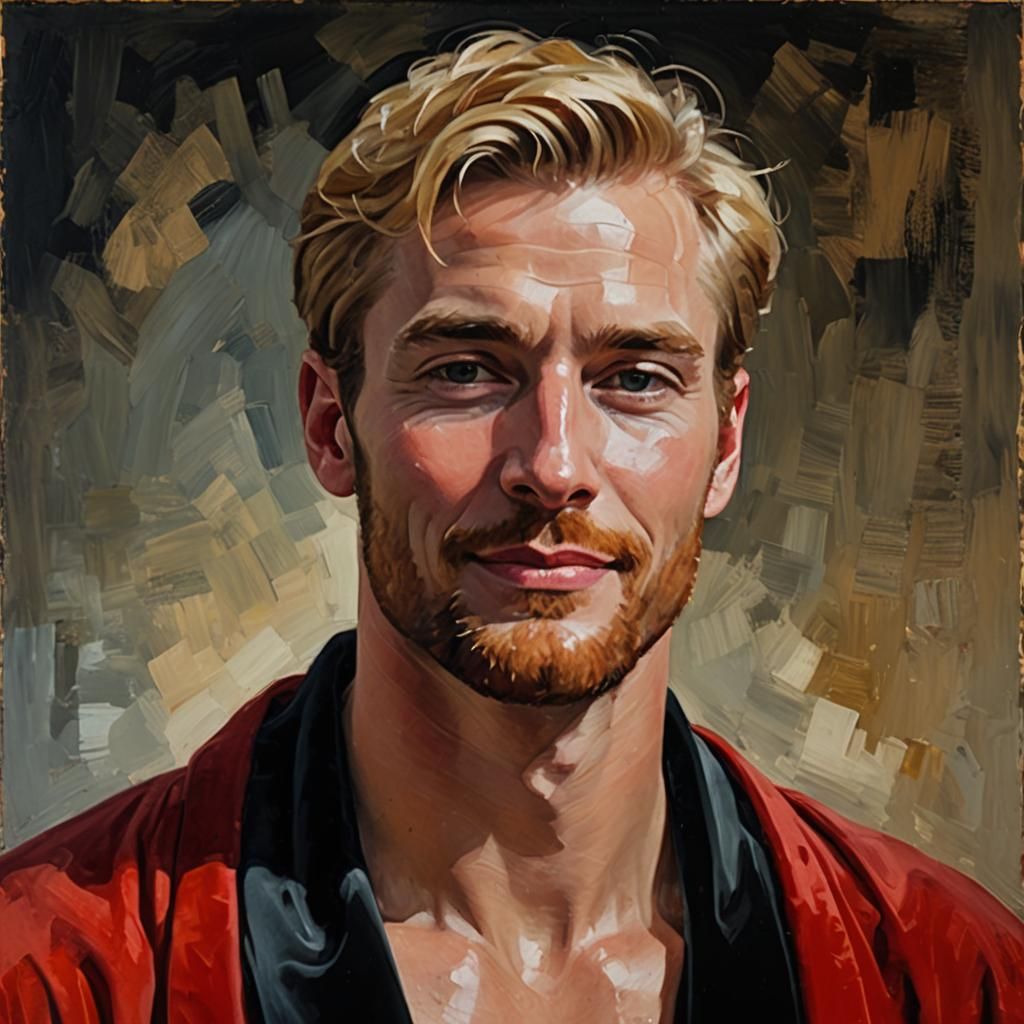 Radiant Blond Man in Red Velvet Bathrobe: Impressionist Oil