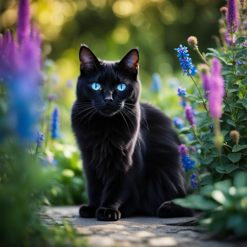 Black Cat with Blue Eyes in Garden Photo