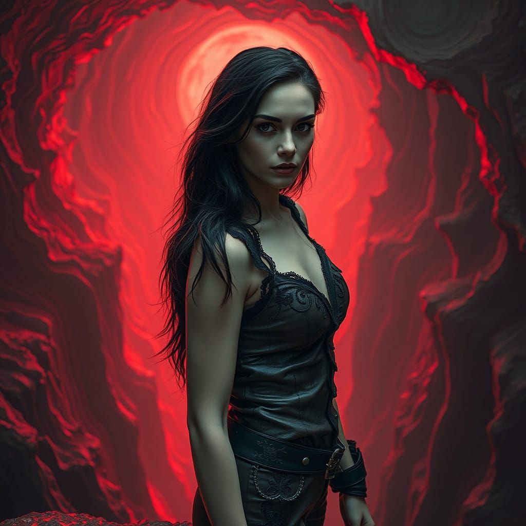 Ethereal Woman in Haunting, Crimson-Lit Landscape