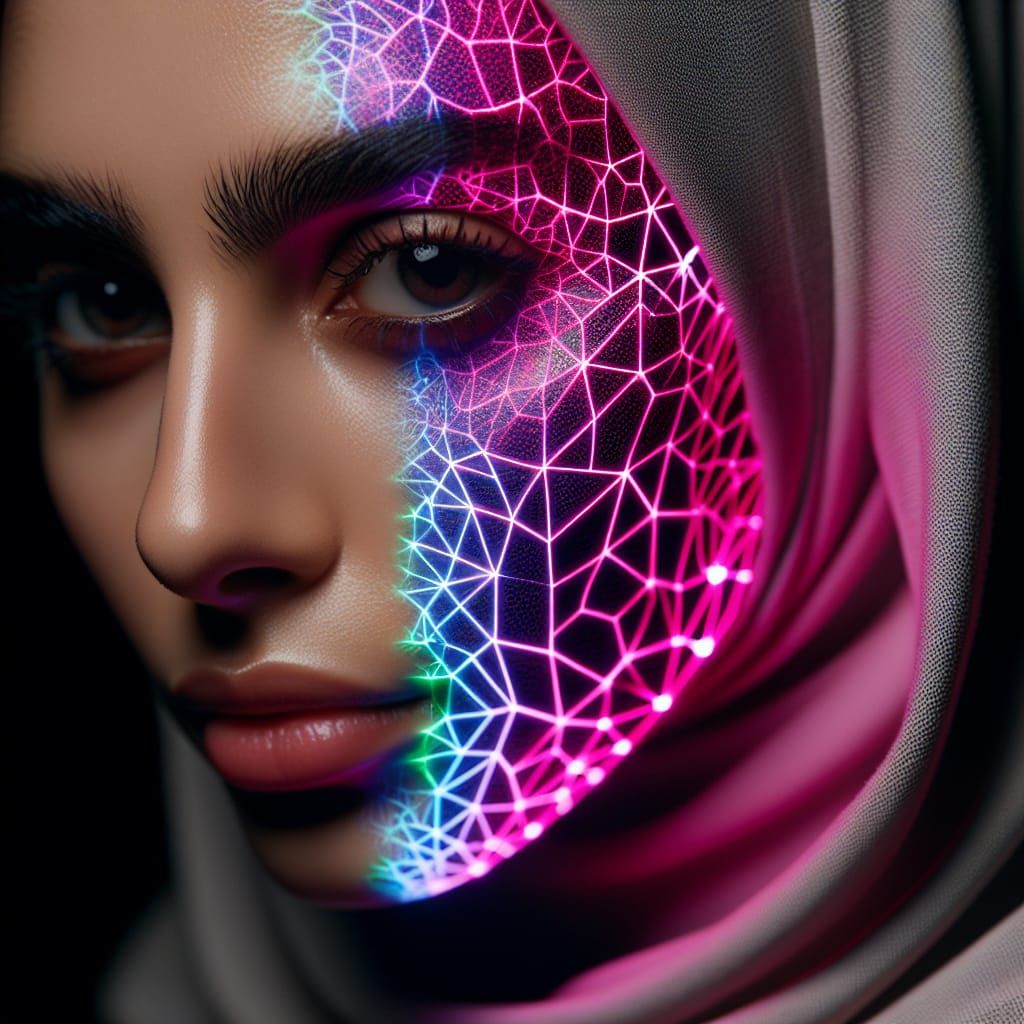 Neon Glitchpunk Woman Portrait in Dark Holography