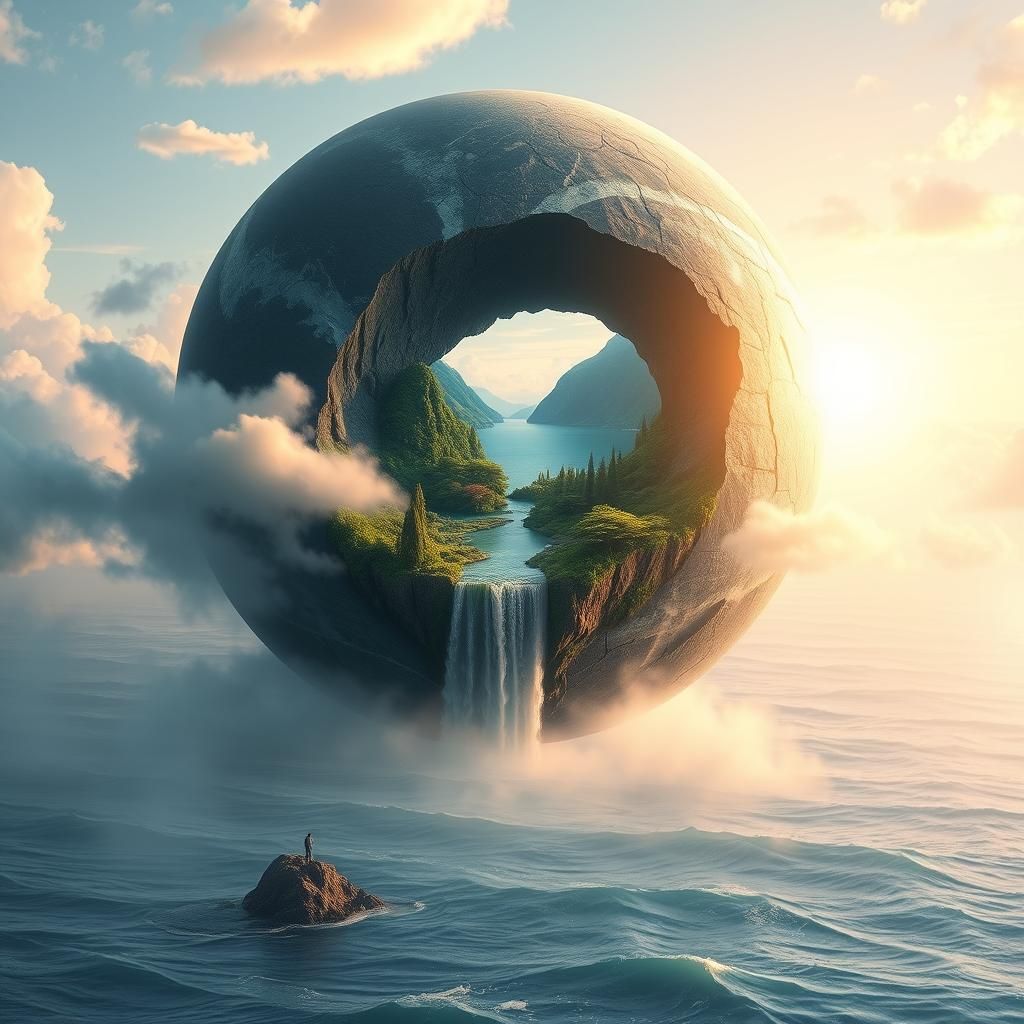 Create a mesmerizing surreal landscape where a giant planet ...