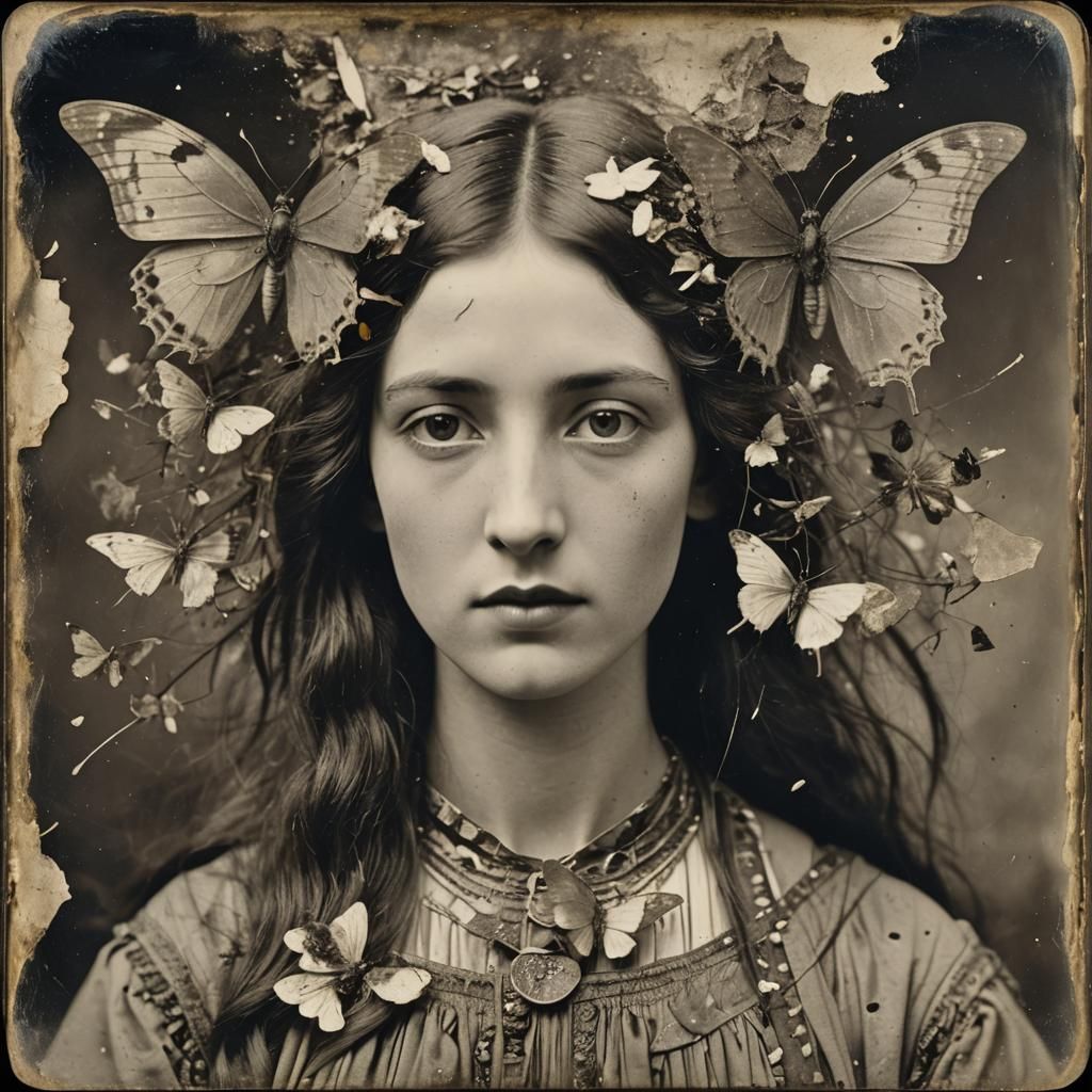 Antique Daguerreotype of Woman with Butterfly