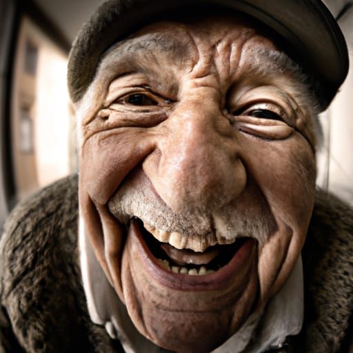 Hyperrealistic Wrinkled Old Man Laughing Portrait