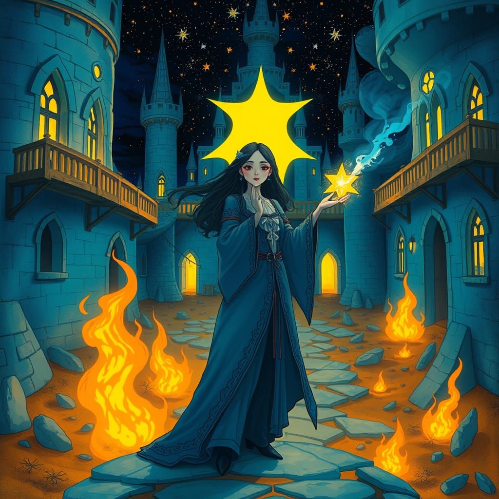 Celestial Seamstress in a Burning Castle, Fantasy Art