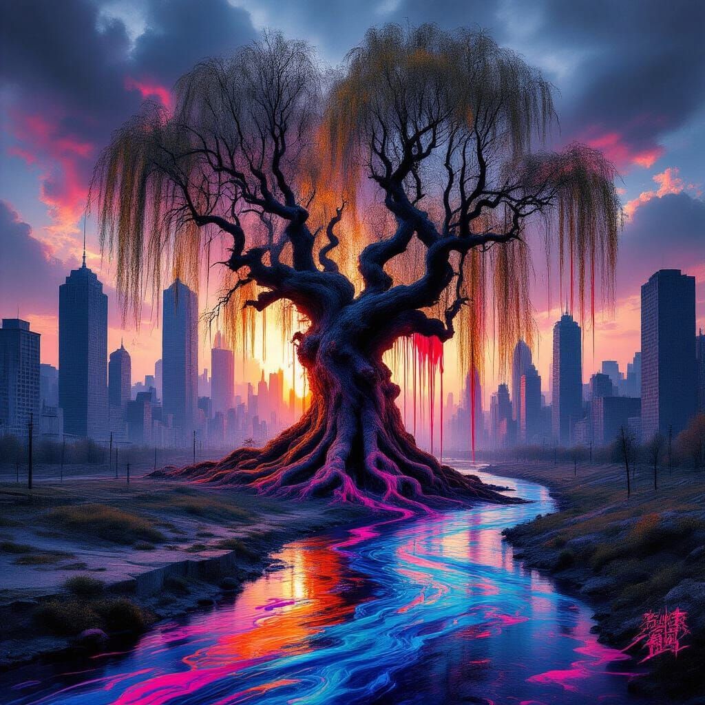 Surreal Infrared Landscape: Willow Tree vs. City