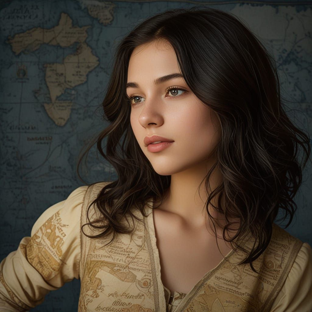 Medieval Illustration of a Teenage Girl with Map