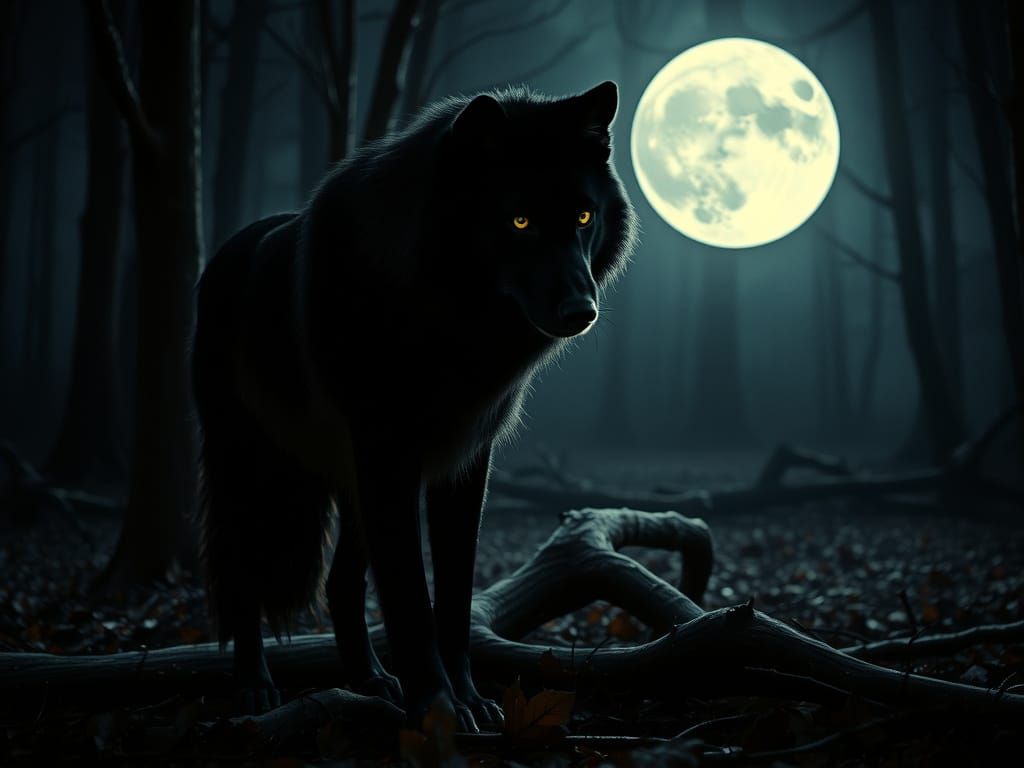 Majestic Black Wolf Silhouetted Against a Full Moon in a Dar...