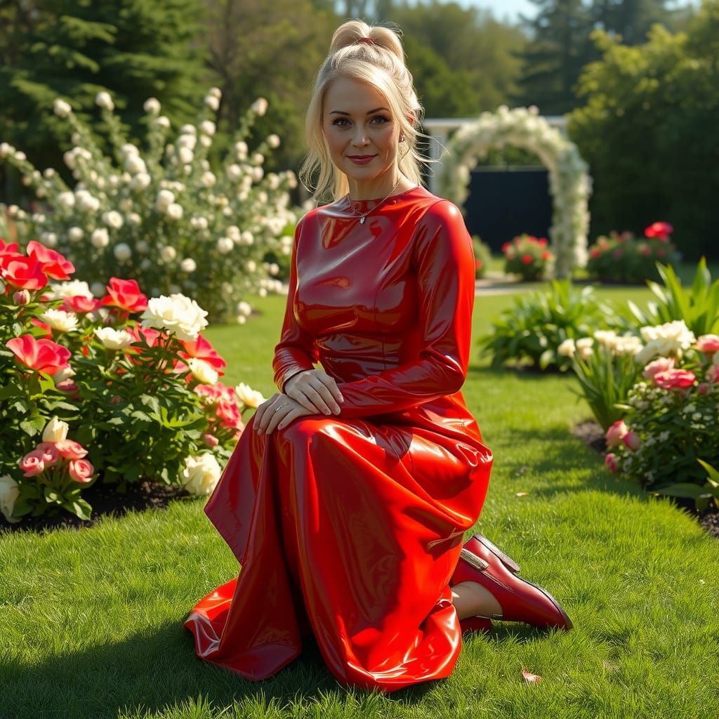 Radiant Woman in Red Dress in Garden Portrait
