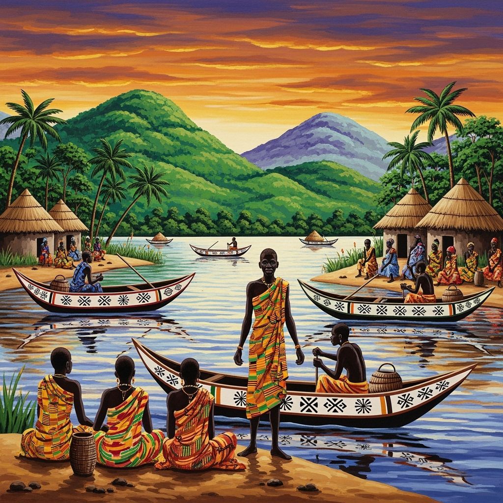 Ghanaian Villagers at Lake Bosumtwi in African Art Style