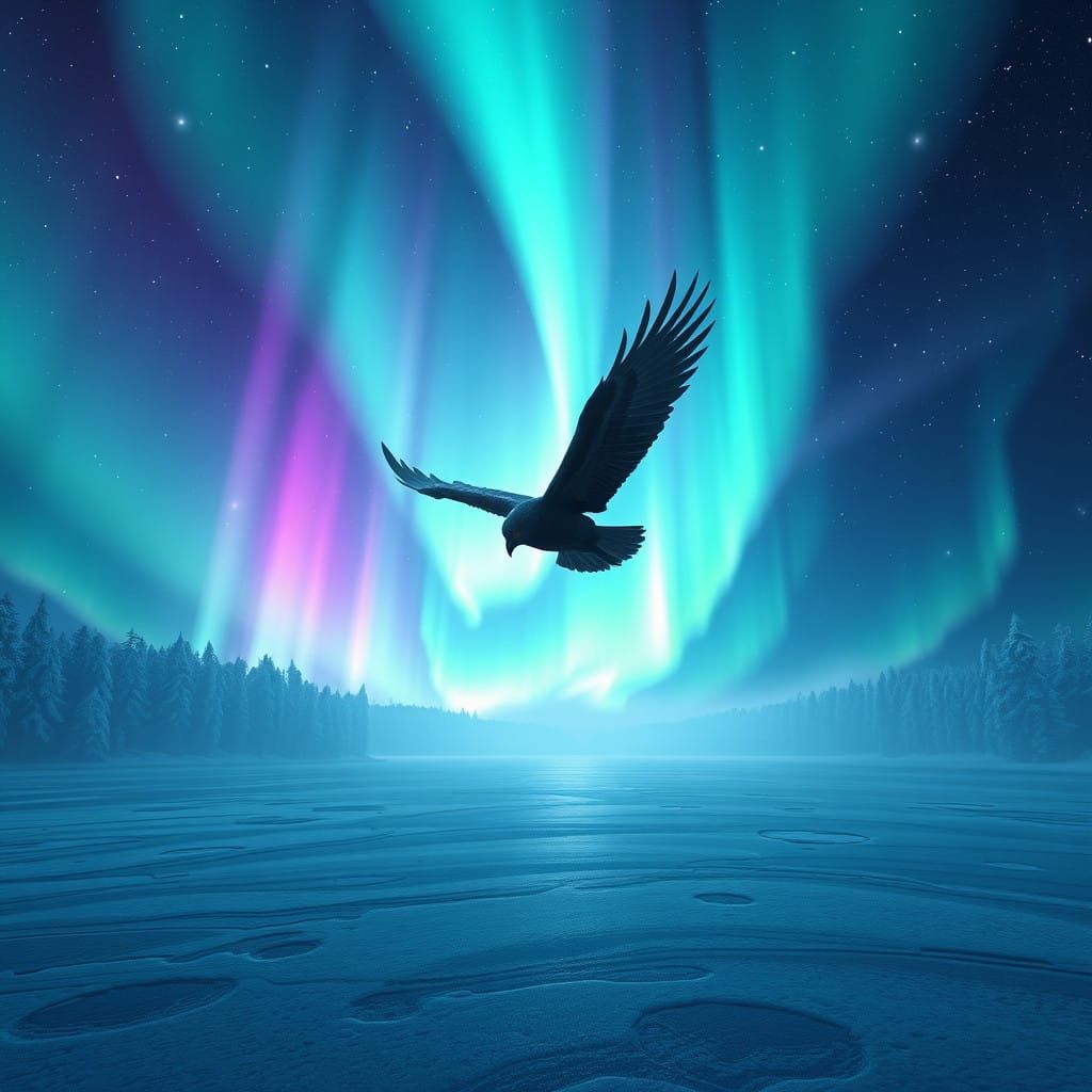 Majestic Dark-Feathered Bird Soars Through Frigid Night Sky