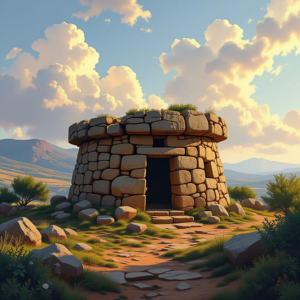 Mystical Sardinian Nuraghe in Earthy Conceptual Art