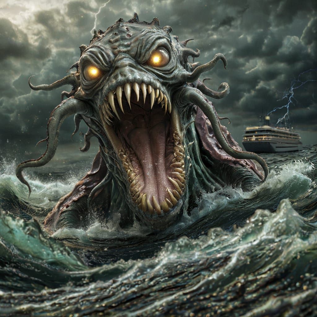 Surreal Dark Fantasy Demon Rises from the Ocean Depths