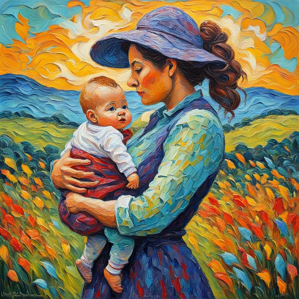 Mother and Baby in Neo-Impressionist Style