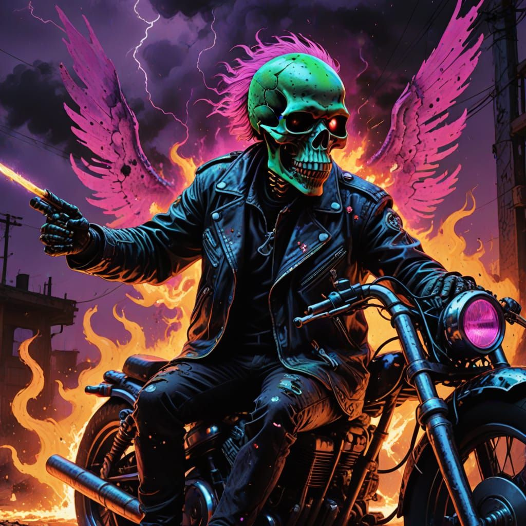 Neon Skeleton Rides Flaming Motorcycle Through Post-Apocalyp...