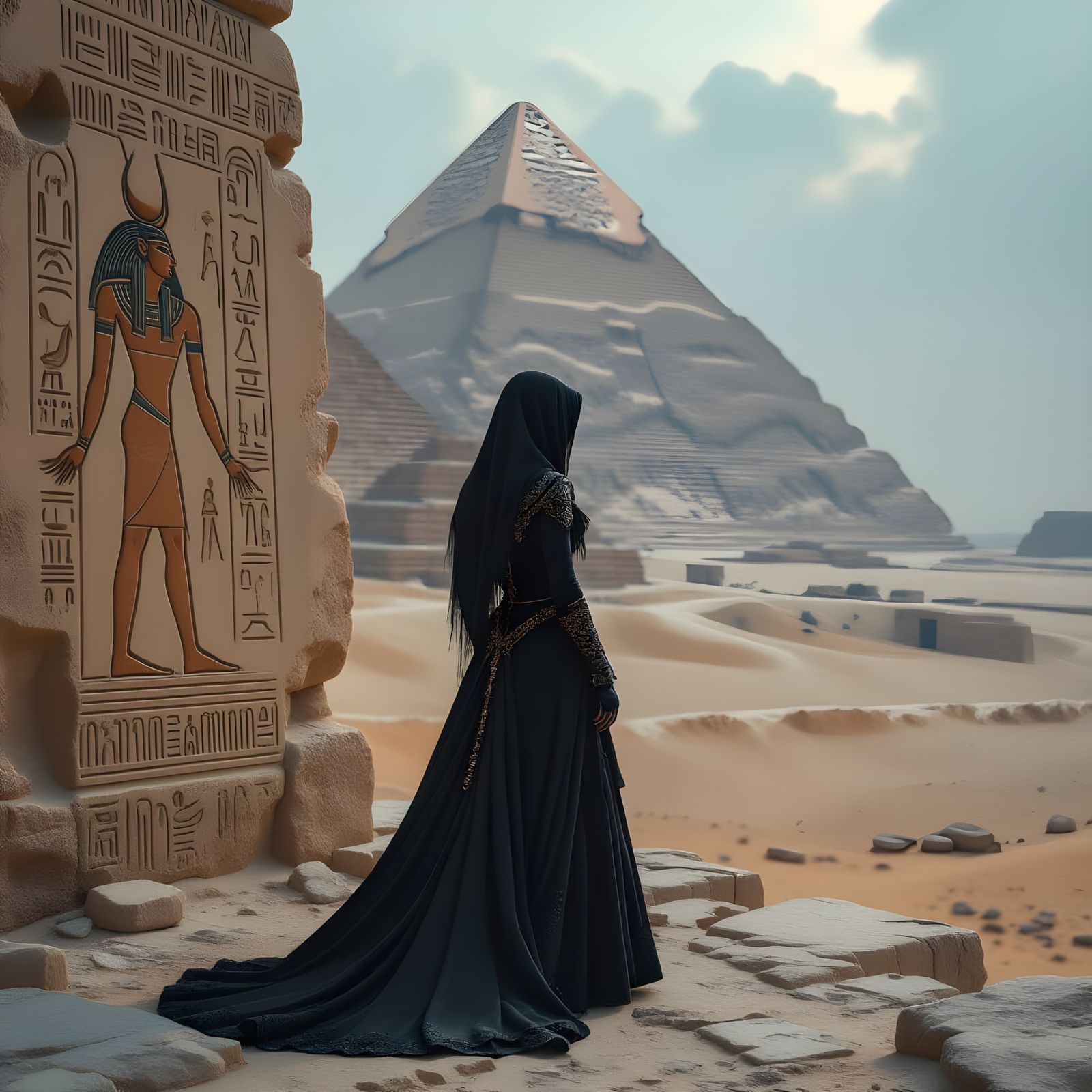 Gothic Figure by Ancient Pyramids