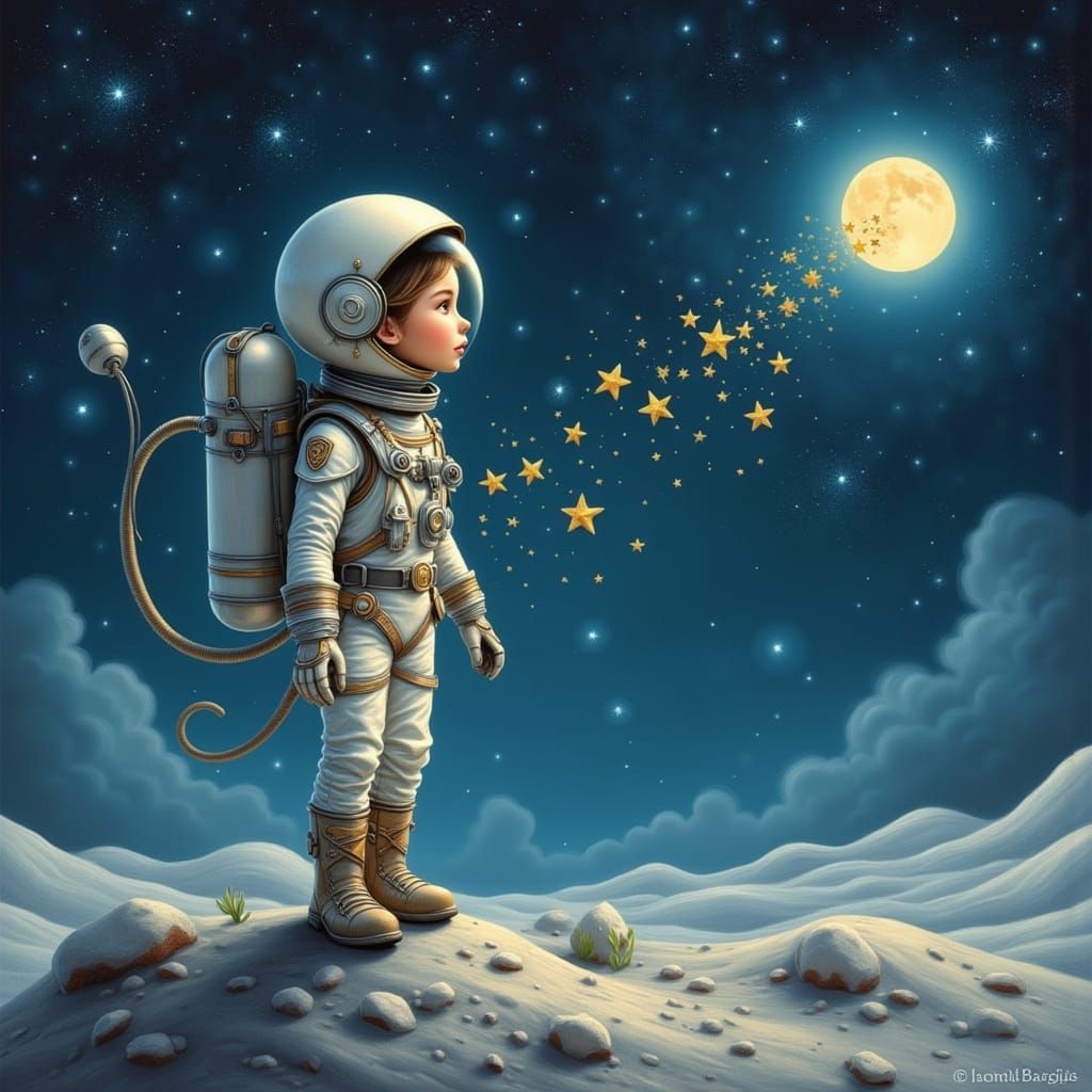 Girl in Whimsical Futuristic Spacesuit on the Moon
