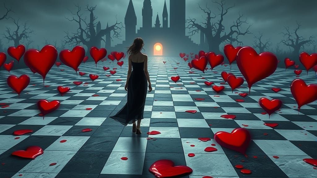 Elegant Woman Walks Chessboard Path in Dark Fantasy World