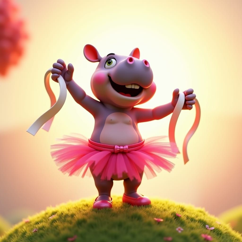 Hippo Girl Dances in Pink Tutu: 3D Digital Art