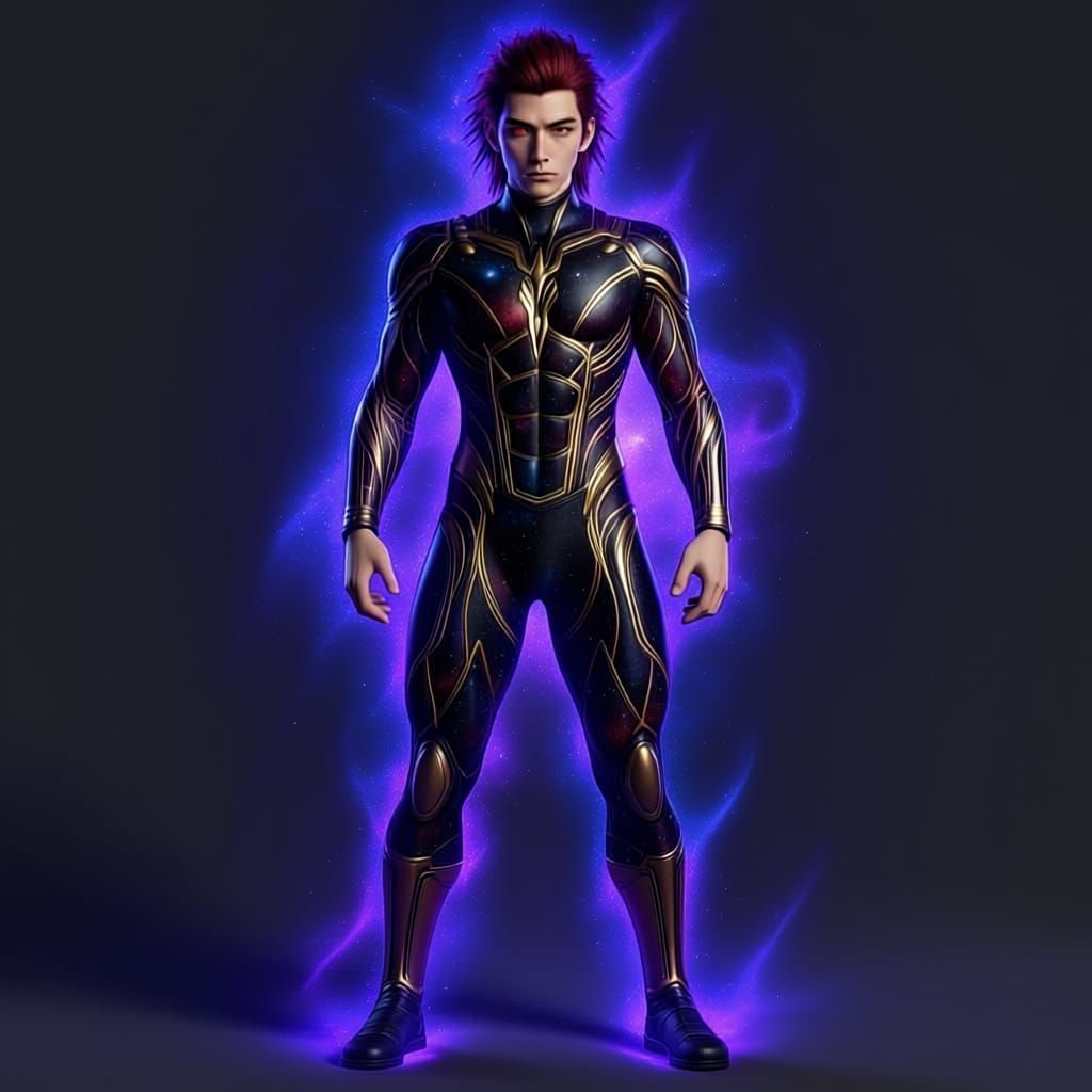 Fantasy Warrior with Cosmic Red Hair and Suit