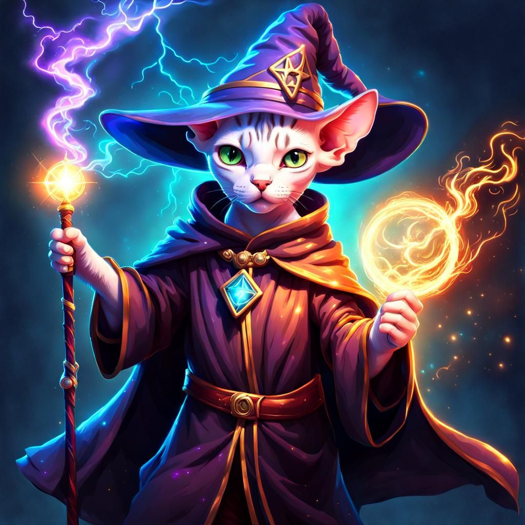 Whimsical Sphynx Cat Wizard Casting Magic