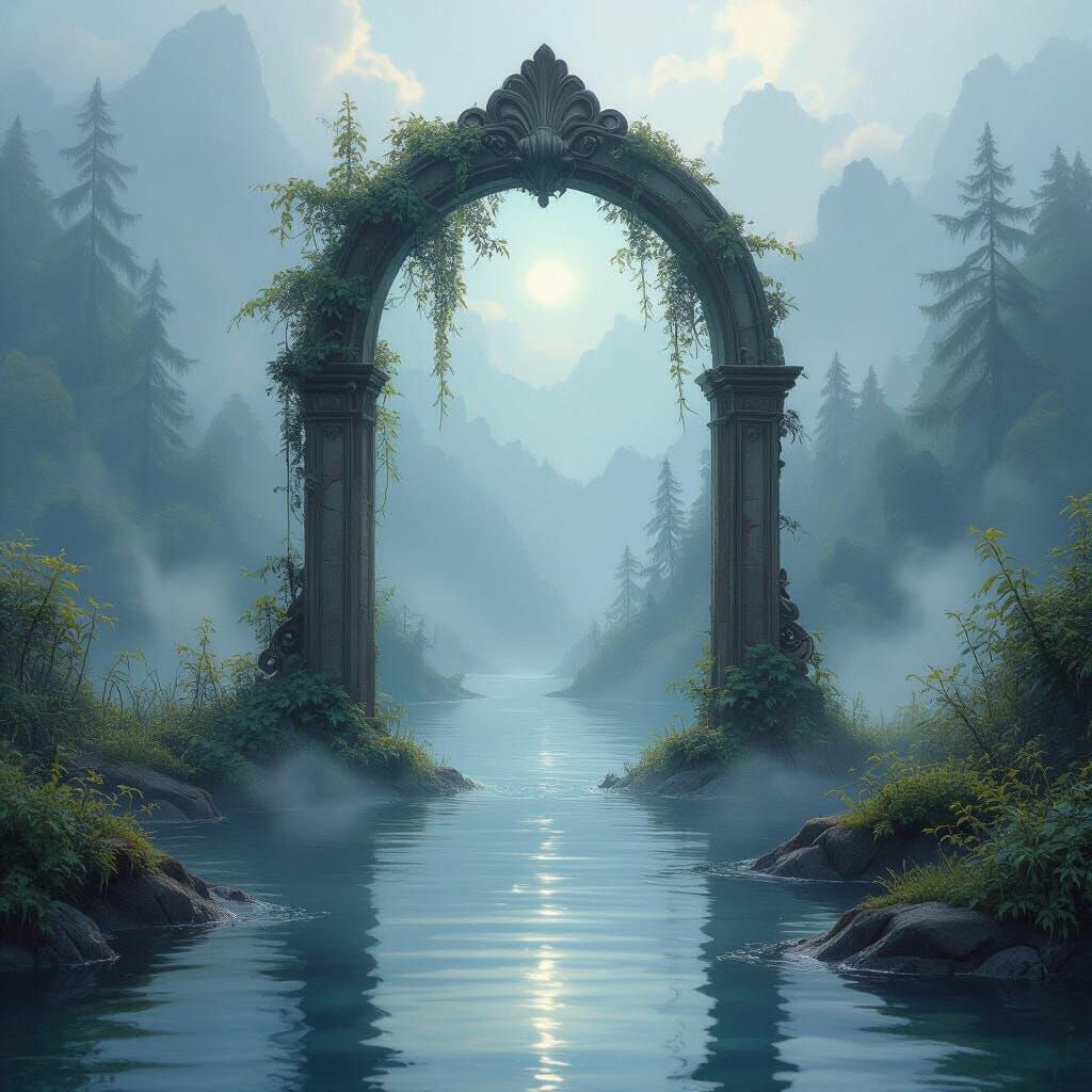 Ethereal Sunken Mirror Portal in Dreamlike Mist