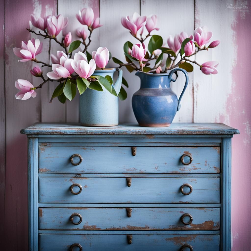 Still Life: Blue Chest with Magnolias