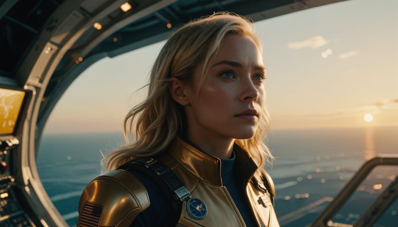 Female Captain on Spaceship Deck in Golden Light