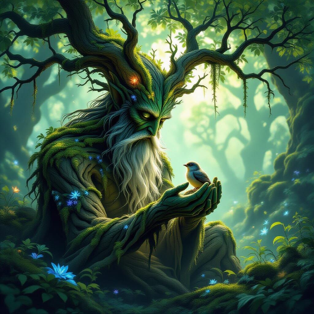 Ancient Tree Spirit Tends Injured Bird in Magical Forest