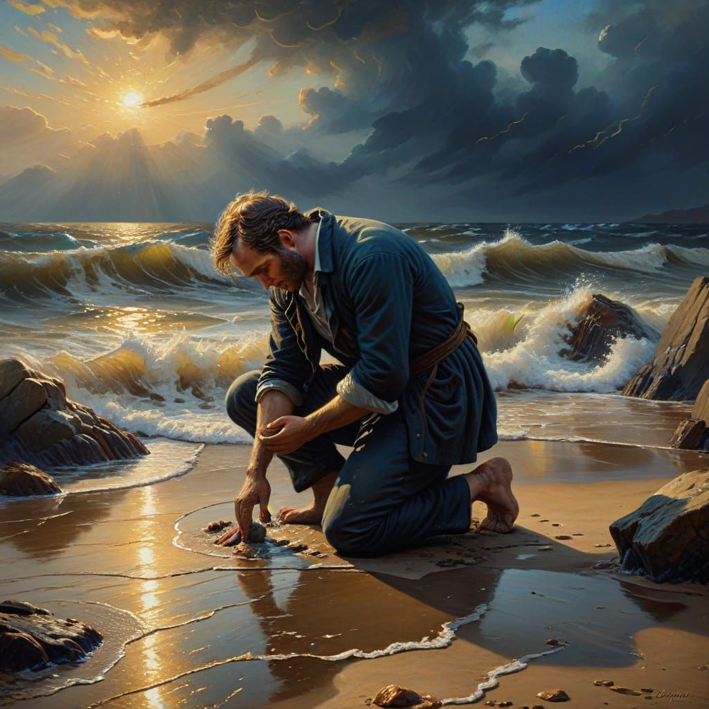 Crying Man on Stormy Beach in Romantic Style